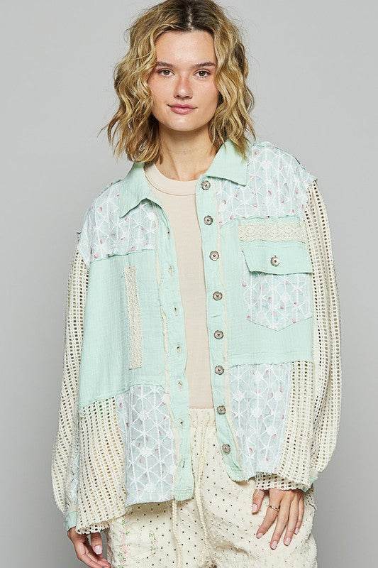 POL Lace Trim Crochet Button Up Denim Jacket - us.meeeshop