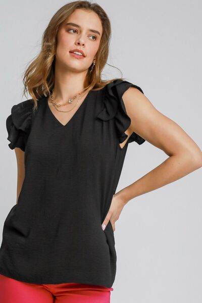 Umgee V-Neck Double Layered Ruffle Sleeve Blouse Plus Size - us.meeeshop