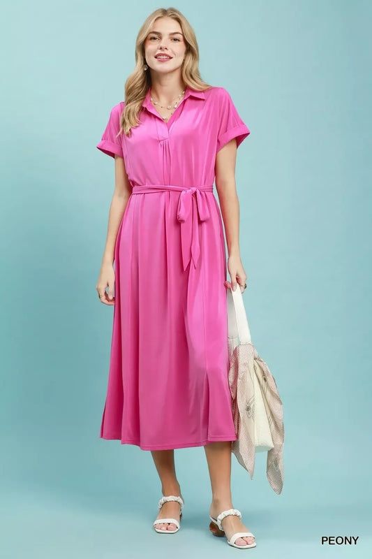 umgee collared belted Umgee Collared Belted Midi Dress PEONY (dress) - shop at us.meeeshop