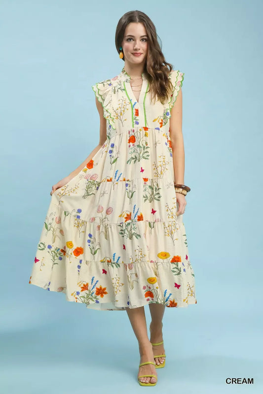 umgee floral ruffle Umgee Floral Ruffle Tiered Midi Dress with Scalloped Detail CREAM (dress) - shop at us.meeeshop