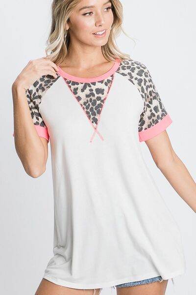 HeimishFull Size Leopard Round Neck Short Sleeve T-Shirt with Stitch Plus Size - us.meeeshop