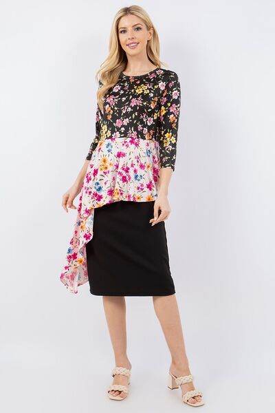 Celeste Floral Asymmetrical Hemline Round Neck Top - us.meeeshop