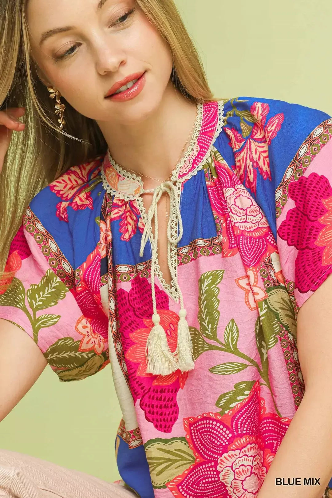 umgee mix floral Umgee Mix Floral Patchwork Tassel Tie Top view 6 (top) - shop at us.meeeshop