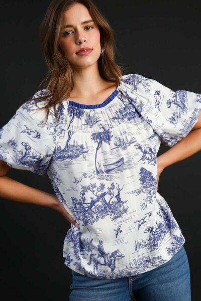 Umgee Two Tone Landscape Round Neck Print Top Plus Size - us.meeeshop