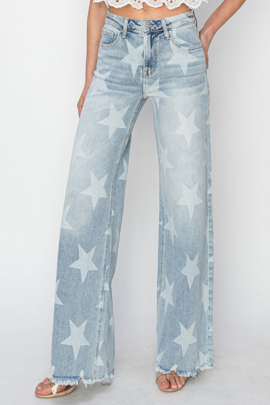 RISEN Full Size Raw Hem Star Wide Leg Jeans | us.meeeshop