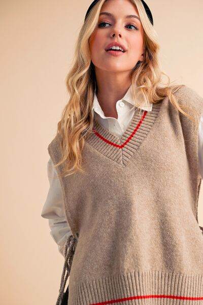 Aemi + Co Ribbed V-Neck Sweater Vest with Tassel - us.meeeshop