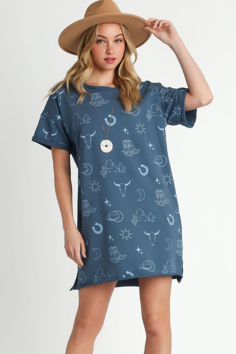 Umgee | French Terry Short Sleeve Round Neck Dress Plus Size - us.meeeshop