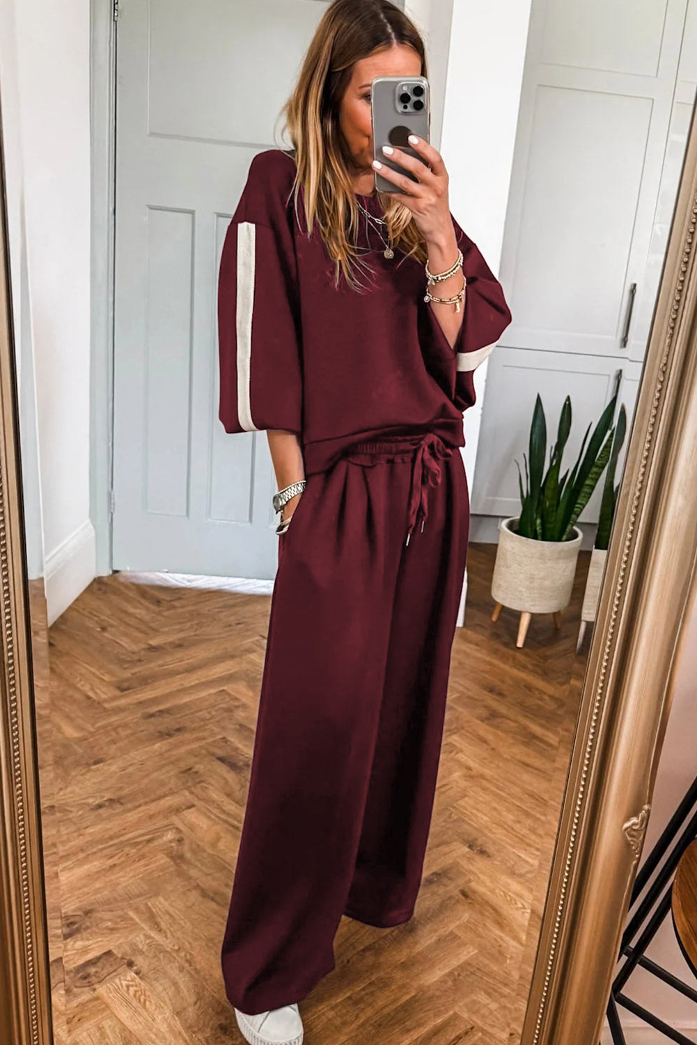 phoebe varsity striped Phoebe Varsity Striped 3/4 Sleeve Pullover Drawstring Sweatpants Set view 5 (bottom) - shop at us.meee