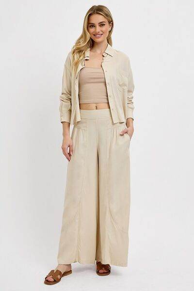 RISEN Shirring Detail Wide Leg Pants - us.meeeshop