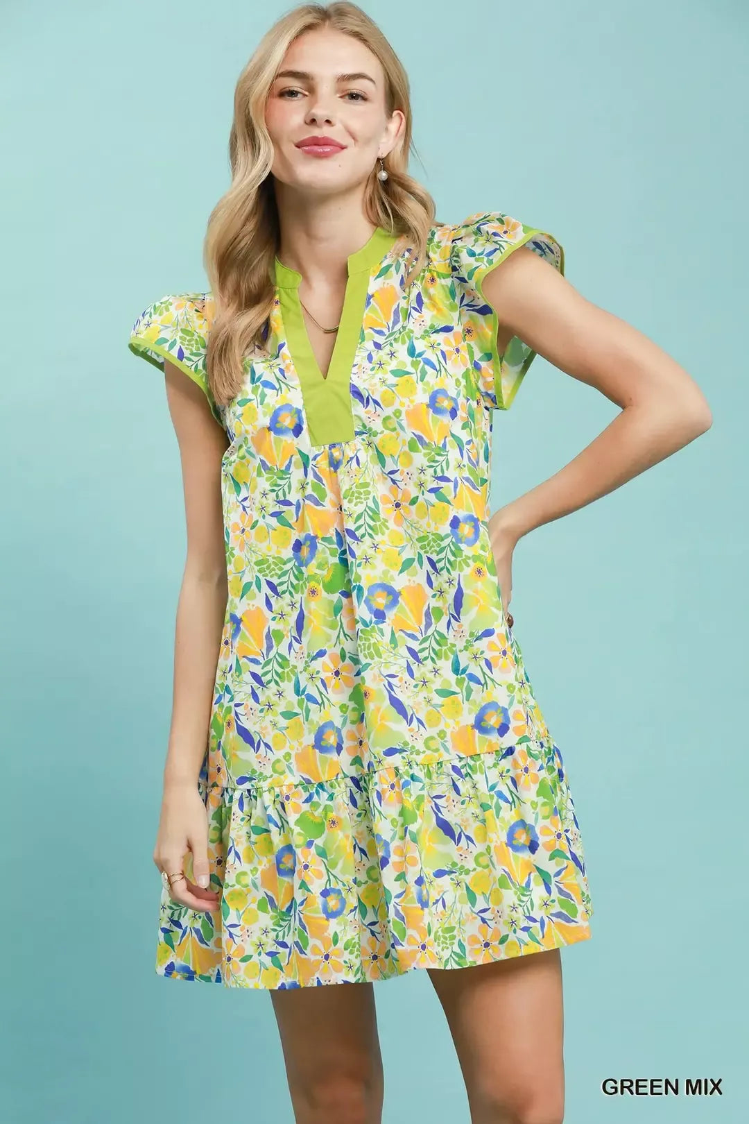 umgee floral flutter Umgee Floral Flutter Sleeve Tiered Mini Dress GREEN MIX (dress) - shop at us.meeeshop