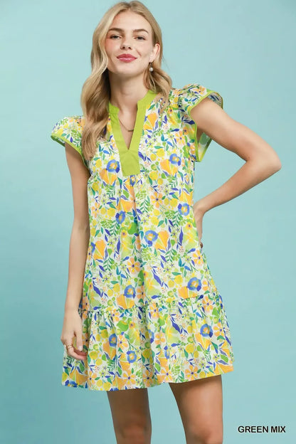 umgee floral flutter Umgee Floral Flutter Sleeve Tiered Mini Dress GREEN MIX (dress) - shop at us.meeeshop
