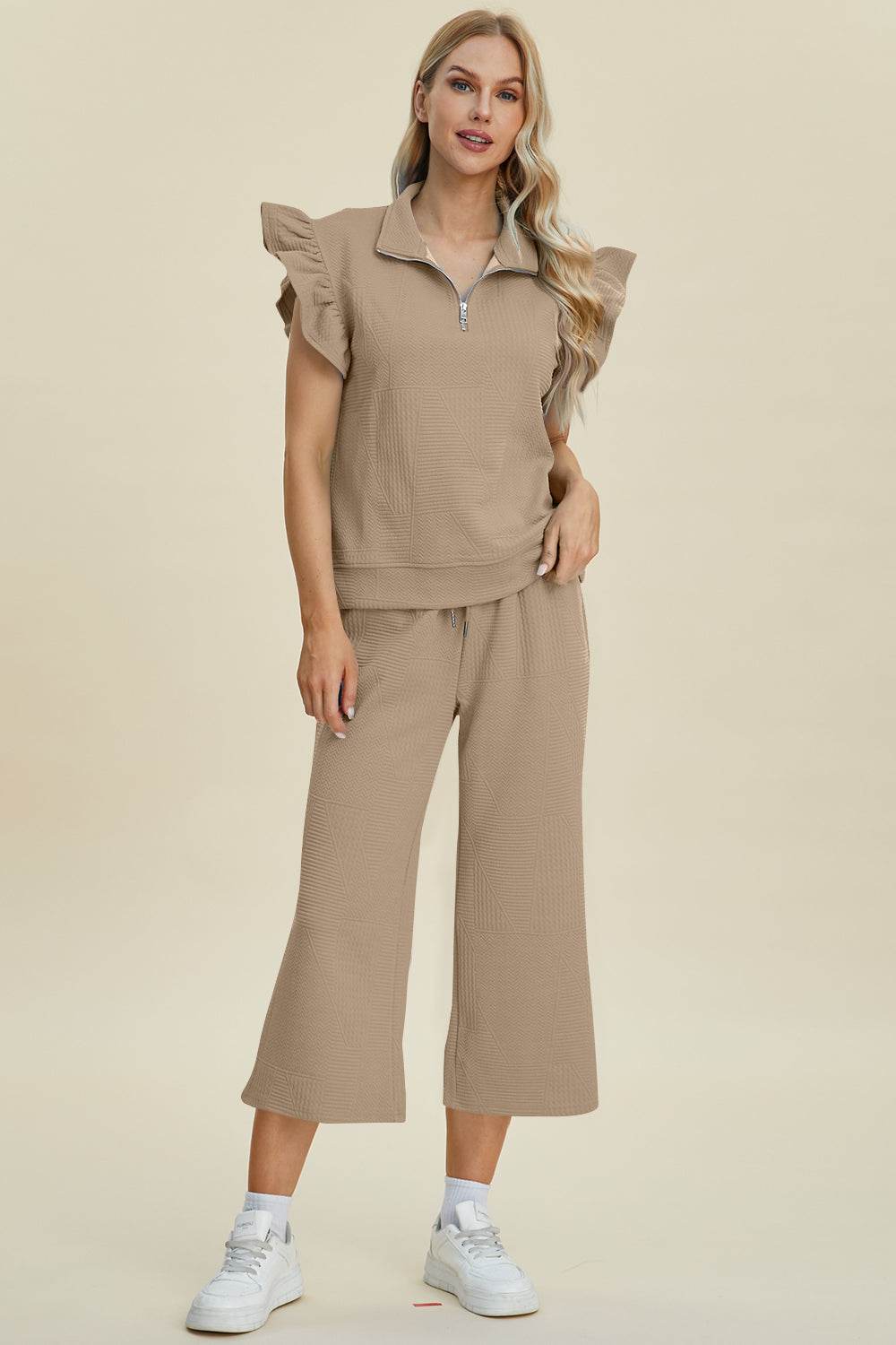 Double Take Full Size Texture Ruffle Short Sleeve Top and Wide Leg Pants Set - us.meeeshop