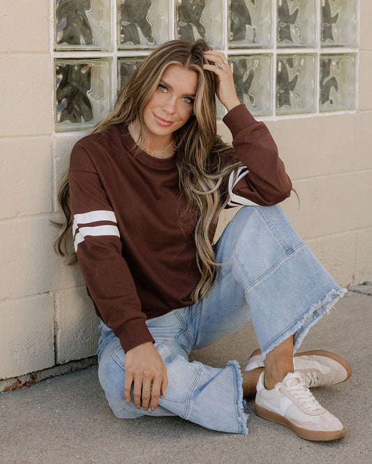 varsity striped sleeve Varsity Striped Sleeve Loose Sweatshirt - Coffee view 2 (top) - shop at us.meeeshop