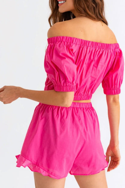Tasha Apparel Off Shoulder Crop Top and Ruffled Shorts Set | us.meeeshop