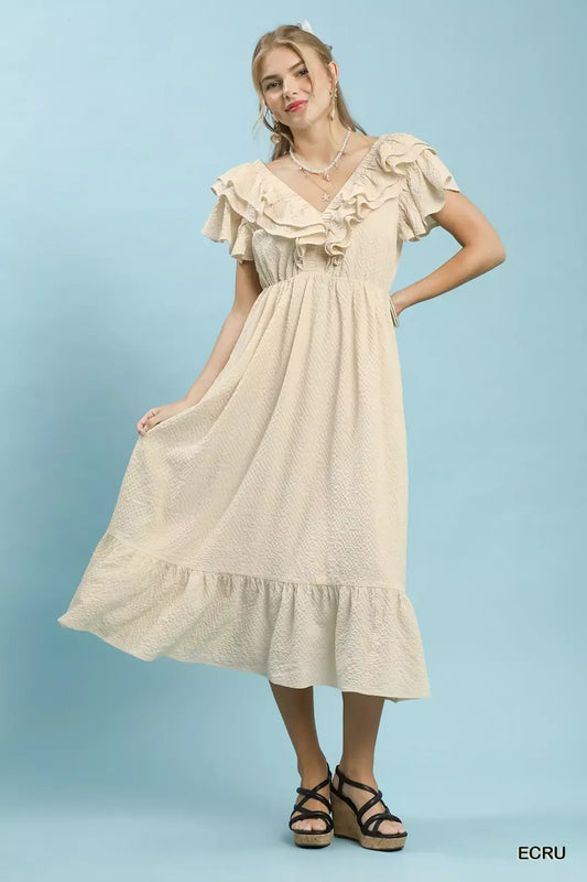 umgee textured ruffle Umgee Textured Ruffle Midi Dress ECRU (dress) - shop at us.meeeshop