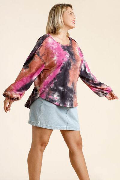 Umgee Tie Dye Round Neck Long Balloon Sleeve Top Plus Size - us.meeeshop