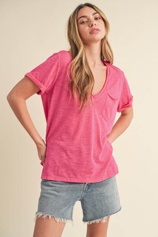 Aemi + Co Side Slit V-Neck Short Rolled Sleeve T-Shirt in Hot Pink - us.meeeshop