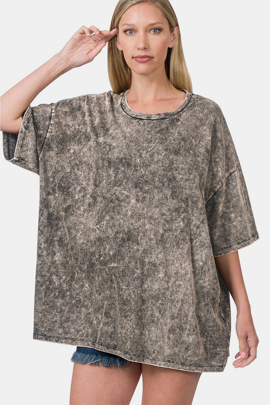 Zenana Washed Round Neck Drop Shoulder Oversized T-Shirt | us.meeeshop