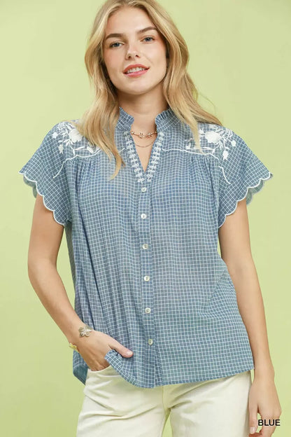 umgee embroidered print Umgee Embroidered Print Scallop Sleeve Button Front Blouse BLUE (top) - shop at us.meeeshop