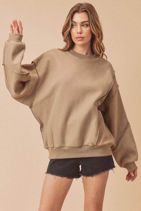 Aemi + Co Exposed Seam Round Neck Drop Shoulder Sweatshirt - us.meeeshop