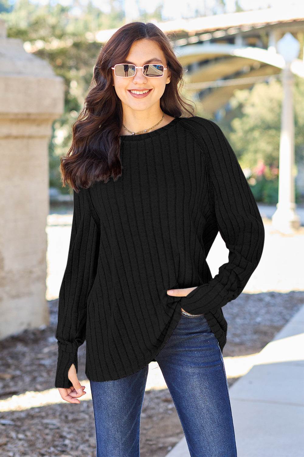 Ribbed Round Neck Long Sleeve Knit Top - us.meeeshop