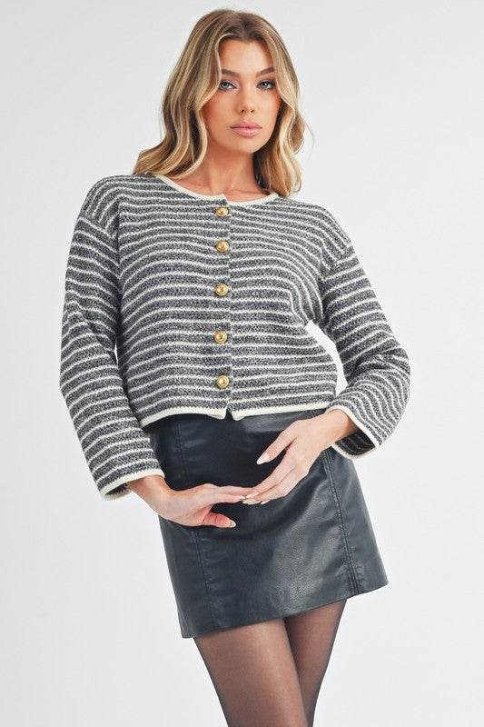 Aemi + Co Striped Button Down Round Neck Cardigan - us.meeeshop