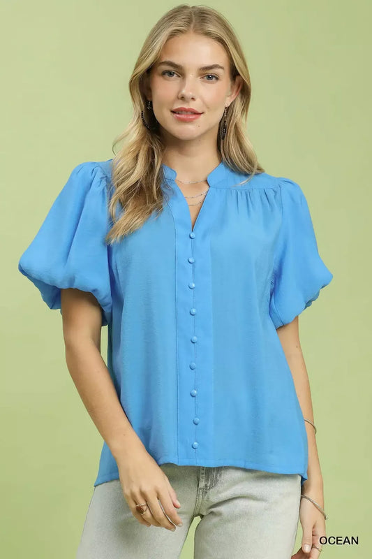 Umgee Button-Down Puff Sleeve Shirt (women's shirts & tops) - shop at us.meeeshop