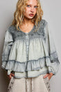 POL Washed Layered Lace Pintuck Flared Woven Blouse