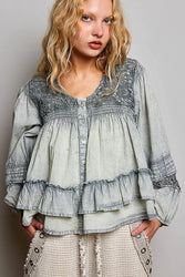 POL Washed Layered Lace Pintuck Flared Woven Blouse