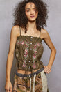 Pol Button Down Floral Embroidered Cropped Cami with Lace Detail