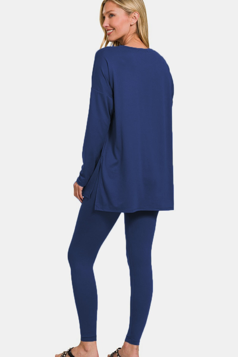 Zenana Full Size Brushed Microfiber Top and Leggings Lounge Set In Navy