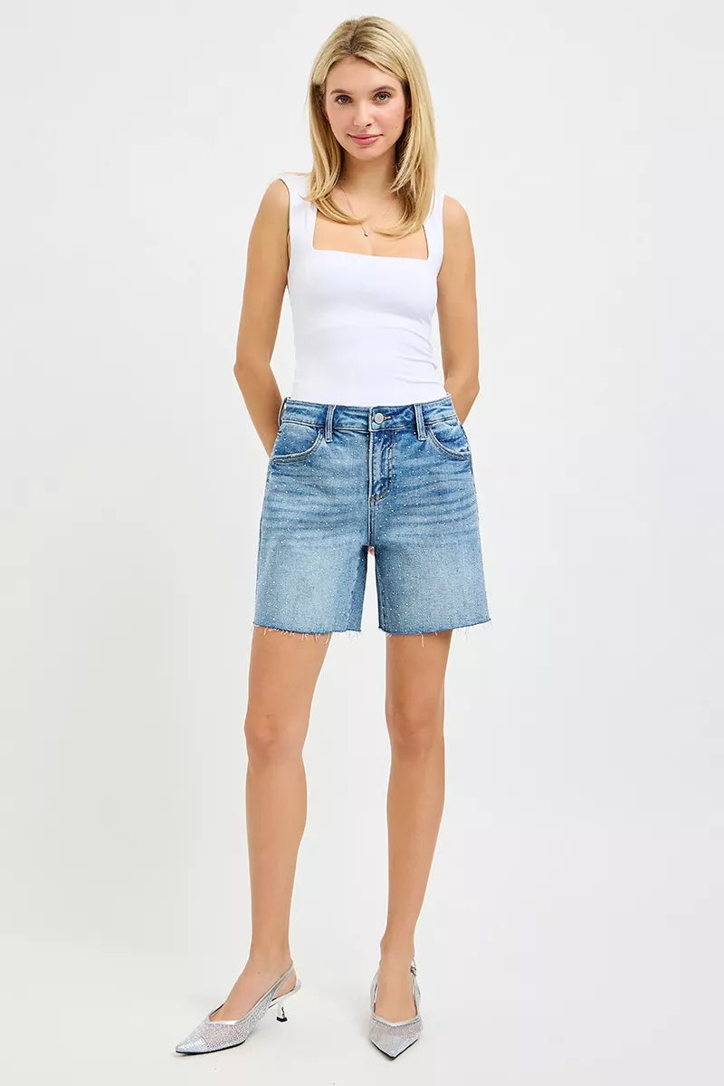risen slouchy mid Risen Slouchy Mid Length All over Rhinestones Shorts view 7 (bottom) - shop at us.meeeshop