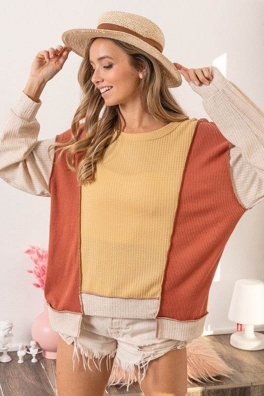 BiBi Waffle-Knit Exposed Seam Color Block Uneven Hem Top - us.meeeshop