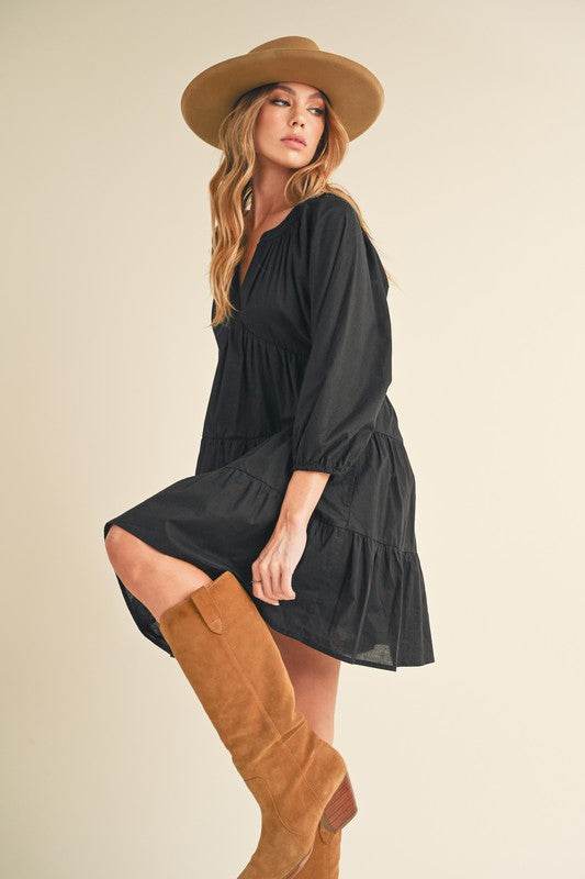 Aemi + Co Notched Balloon Sleeve Tiered Mini Dress - us.meeeshop