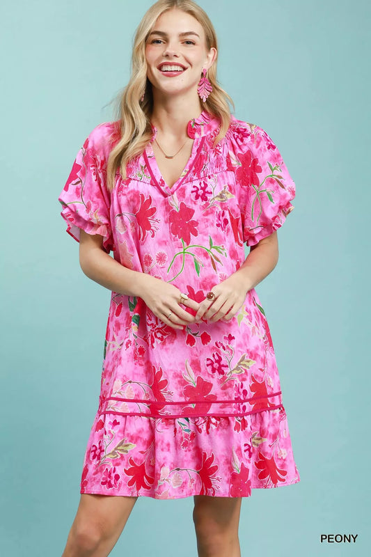 umgee floral ruffle Umgee Floral Ruffle Hem Mini Dress PEONY (dress) - shop at us.meeeshop