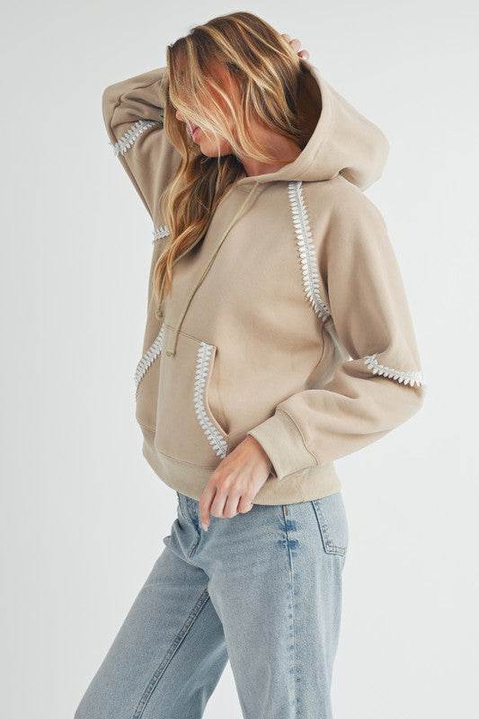 Aemi + Co Lace Detail Drawstring Hoodie with Kangaroo Pocket in Oatmeal - us.meeeshop