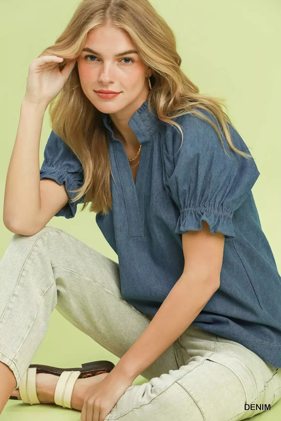 umgee chambray puff Umgee Chambray Puff Sleeve Scallop Hem Blouse view 6 (top) - shop at us.meeeshop