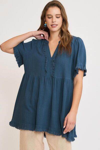 Umgee Raw Hem Notched Babydoll Linen Blouse Plus Size - us.meeeshop