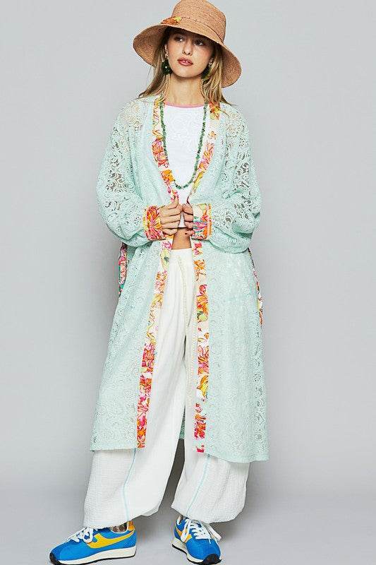 POL Floral Trim Lace Open Front Longline Cardigan in PALE MINT - us.meeeshop