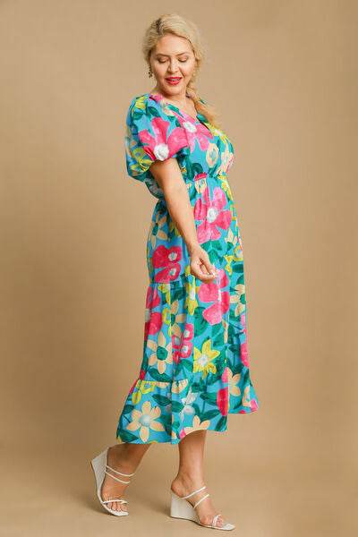 Umgee Tiered Floral Print Notched Puff Sleeve Midi Dress Plus Size - us.meeeshop