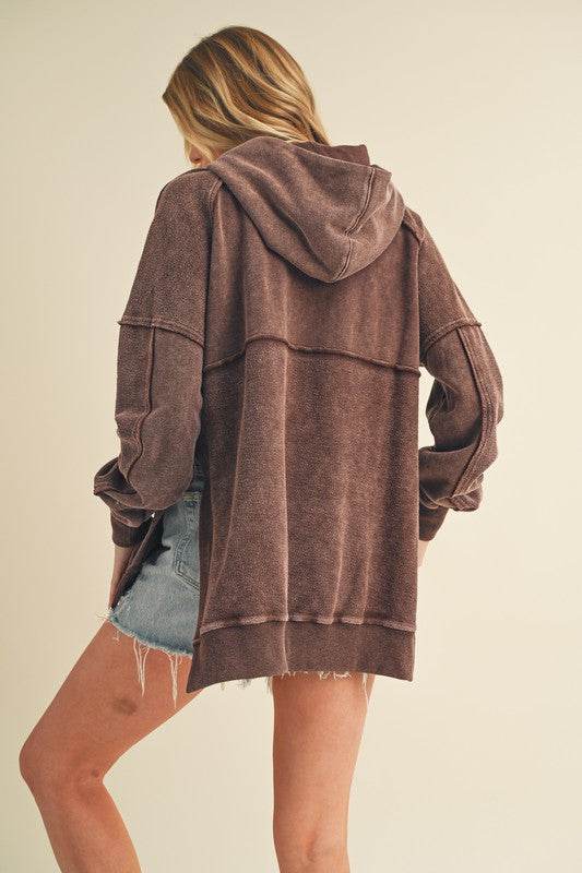 Aemi + Co Exposed Seam Side Slit Hoodie with Kangaroo Pocket in Brown - us.meeeshop