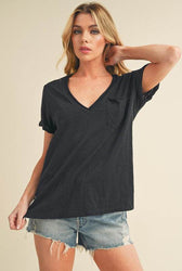 Aemi + Co Side Slit V-Neck Short Rolled Sleeve T-Shirt