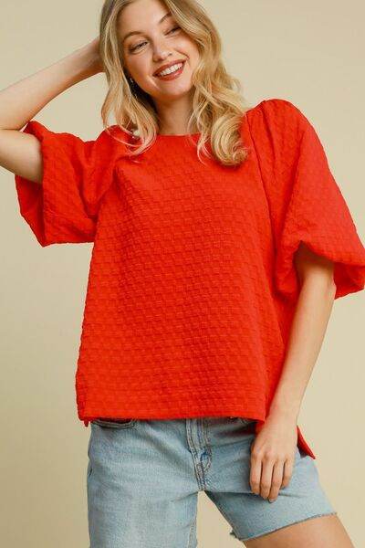 Umgee | Boxy Cut Jacquard Round Neck Top with Side Slit Plus Size - us.meeeshop