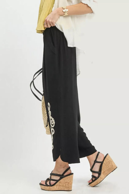 Umgee Linen Embroidered Wide-leg Boho Pants BLACK View 2 - Women's Bottom | MeeeShop
