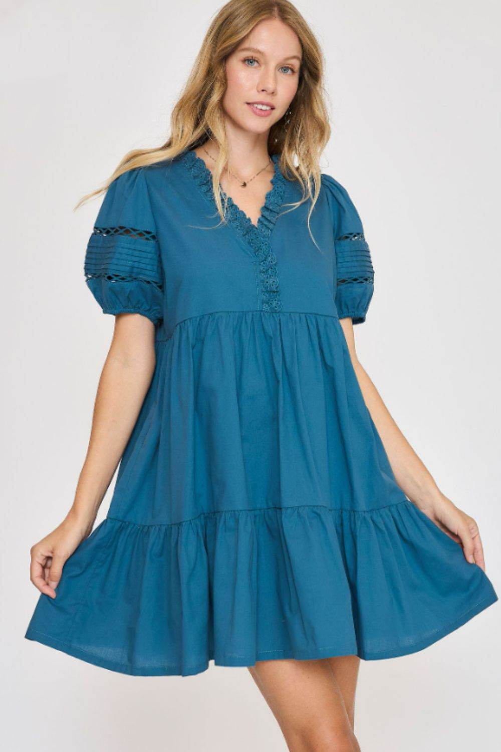 Umgee USA | Lace Detail Puff Sleeve Mini Dress Plus Size - us.meeeshop