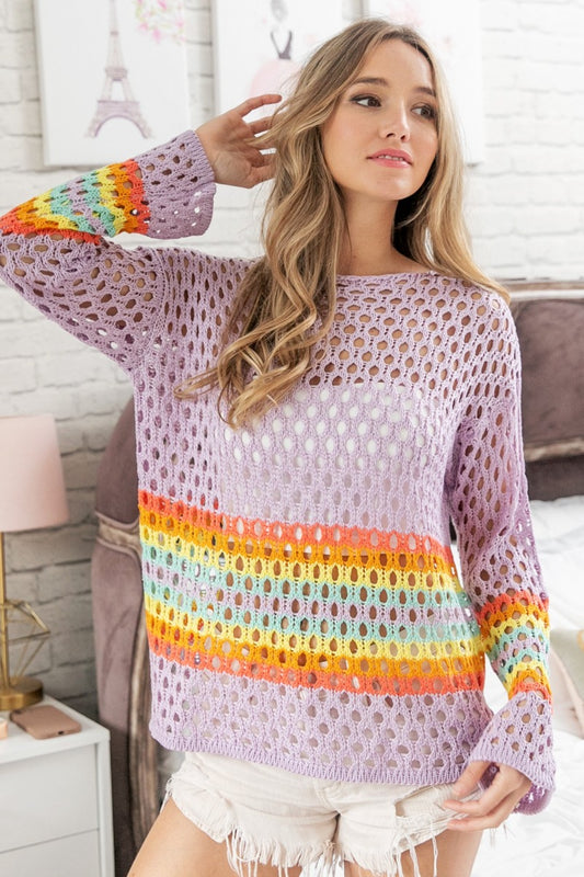 BiBi Rainbow Stripe Hollow Out Cover Up | us.meeeshop