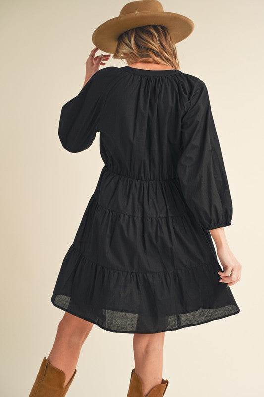 Aemi + Co Notched Balloon Sleeve Tiered Mini Dress - us.meeeshop