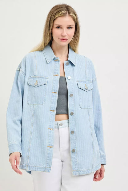 risen oversized stripe Risen Oversized Stripe Denim Shaket view 3 (piece) - shop at us.meeeshop