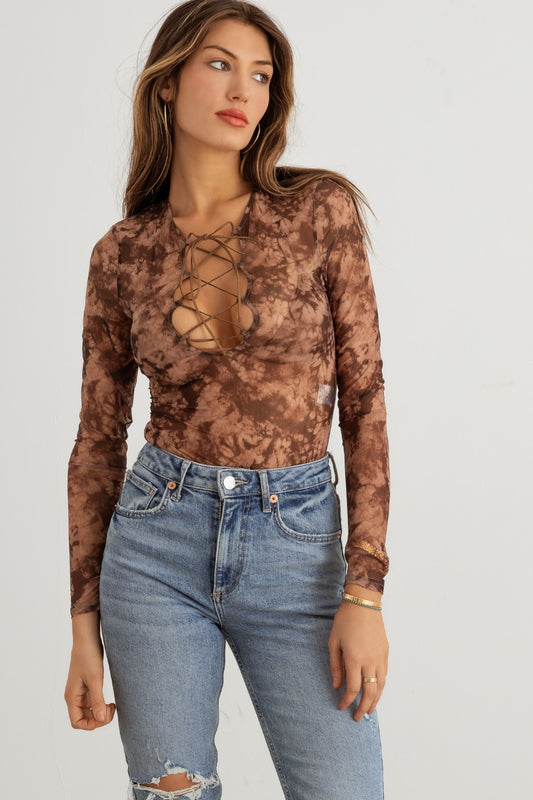 HERA COLLECTION Abstract Mesh Lace-Up Long Sleeve Bodysuit | us.meeeshop