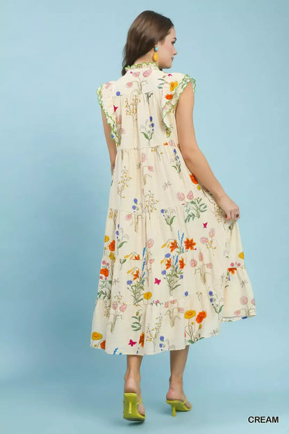 umgee floral ruffle Umgee Floral Ruffle Tiered Midi Dress with Scalloped Detail view 3 (dress) - shop at us.meeeshop